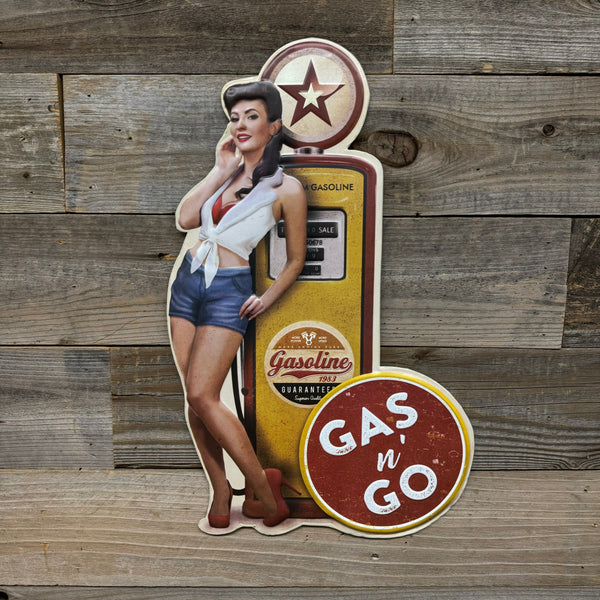 Vintage Gas Pump Pinup Girl Shaped Embossed Metal Sign