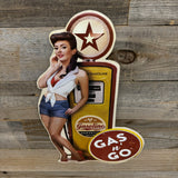 Vintage Gas Pump Pinup Girl Shaped Embossed Metal Sign