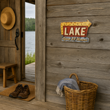 Lake Open 24 Hours Arrow Sign – Vintage Embossed Metal Wall Art for Cabin, Lodge, or Lake House