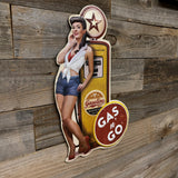 Vintage Gas Pump Pinup Girl Shaped Embossed Metal Sign