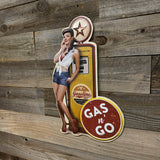 Vintage Gas Pump Pinup Girl Shaped Embossed Metal Sign