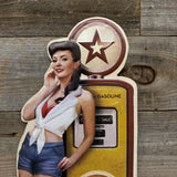 Vintage Gas Pump Pinup Girl Shaped Embossed Metal Sign