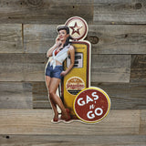 Vintage Gas Pump Pinup Girl Shaped Embossed Metal Sign