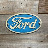 FORD Logo Oval Cast Iron Wall Plaque Antiqued Distressed Blue