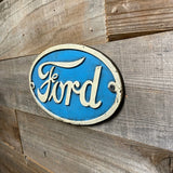 FORD Logo Oval Cast Iron Wall Plaque Antiqued Distressed Blue