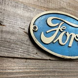 FORD Logo Oval Cast Iron Wall Plaque Antiqued Distressed Blue