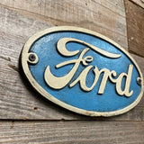 FORD Logo Oval Cast Iron Wall Plaque Antiqued Distressed Blue