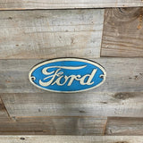 FORD Logo Oval Cast Iron Wall Plaque Antiqued Distressed Blue