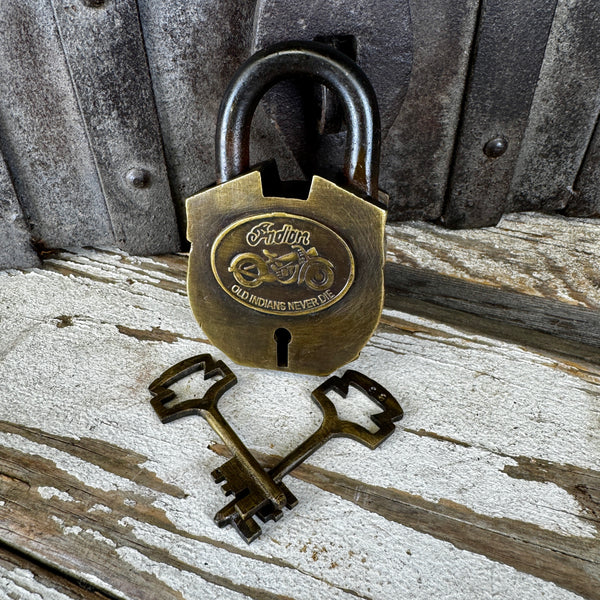 Indian Motorcycles Brass & Iron Padlock with 2 Keys | Biker Decor
