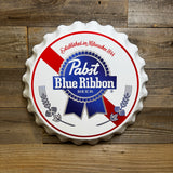 Pabst Blue Ribbon Vintage Bottle Cap Wall Sign – 17” Metal PBR Mancave Decor