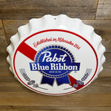 Pabst Blue Ribbon Vintage Bottle Cap Wall Sign – 17” Metal PBR Mancave Decor