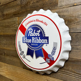 Pabst Blue Ribbon Vintage Bottle Cap Wall Sign – 17” Metal PBR Mancave Decor