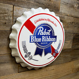 Pabst Blue Ribbon Vintage Bottle Cap Wall Sign – 17” Metal PBR Mancave Decor