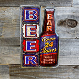 Shaped Embossed “Open 24 Hours” Beer Bar Metal Wall Sign – Bottle Design | Man Cave & Bar Decor