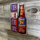 Shaped Embossed “Open 24 Hours” Beer Bar Metal Wall Sign – Bottle Design | Man Cave & Bar Decor