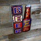 Shaped Embossed “Open 24 Hours” Beer Bar Metal Wall Sign – Bottle Design | Man Cave & Bar Decor