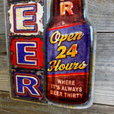 Shaped Embossed “Open 24 Hours” Beer Bar Metal Wall Sign – Bottle Design | Man Cave & Bar Decor
