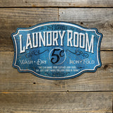 Vintage Embossed Laundry Room Metal Wall Sign – 5¢ Retro Wash Dry Fold Décor