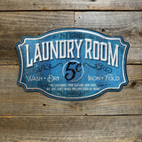 Vintage Embossed Laundry Room Metal Wall Sign – 5¢ Retro Wash Dry Fold Décor