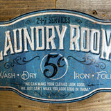 Vintage Embossed Laundry Room Metal Wall Sign – 5¢ Retro Wash Dry Fold Décor