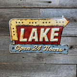 Lake Open 24 Hours Arrow Sign – Vintage Embossed Metal Wall Art for Cabin, Lodge, or Lake House