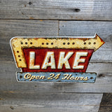Lake Open 24 Hours Arrow Sign – Vintage Embossed Metal Wall Art for Cabin, Lodge, or Lake House