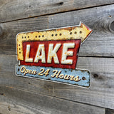 Lake Open 24 Hours Arrow Sign – Vintage Embossed Metal Wall Art for Cabin, Lodge, or Lake House