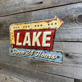 Lake Open 24 Hours Arrow Sign – Vintage Embossed Metal Wall Art for Cabin, Lodge, or Lake House