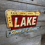 Lake Open 24 Hours Arrow Sign – Vintage Embossed Metal Wall Art for Cabin, Lodge, or Lake House