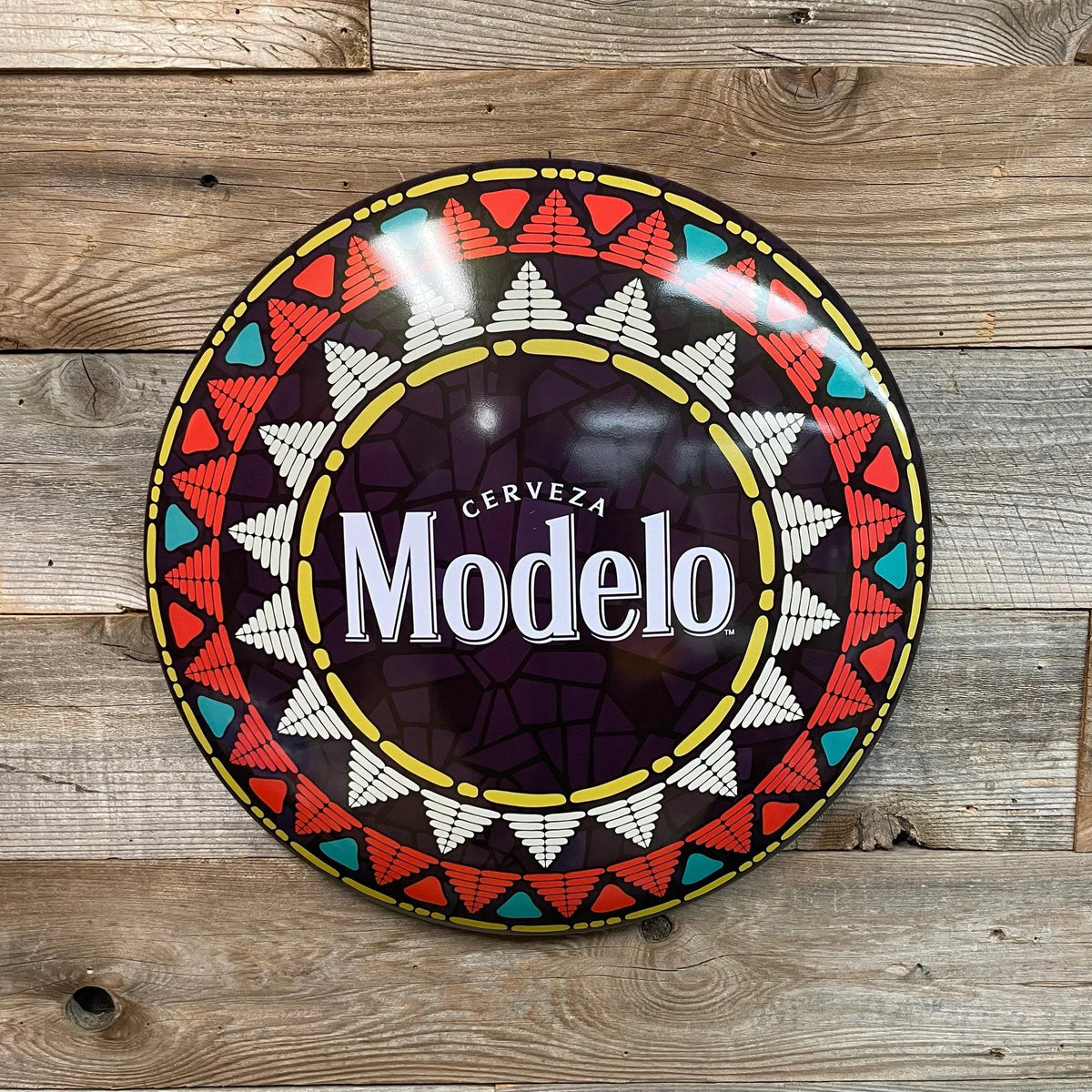 Modelo Aztec Design Logo Round Domed Shaped Metal Sign – Iron Forged Tavern
